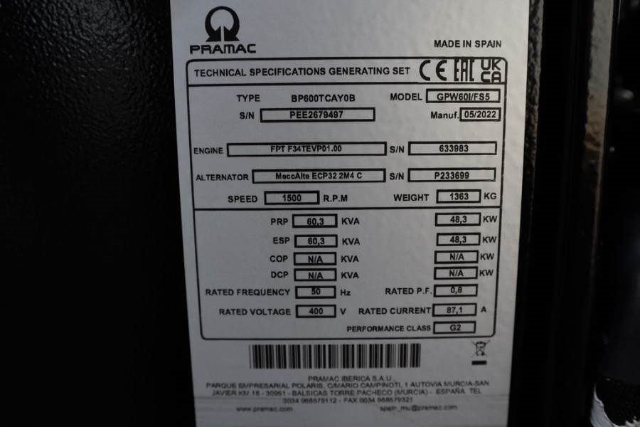 Pramac GPW60I/FS5 Diesel, 60 kVA, Also Available For Rent - Βιομηχανική γεννήτρια: φωτογραφία 5 Pramac GPW60I/FS5 Diesel, 60 kVA, Also Available For Rent - Βιομηχανική γεννήτρια: φωτογραφία 5