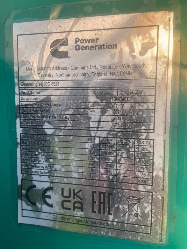Cummins C1400D5 - 1.400 kVA Generator - DPX-18532-O - Βιομηχανική γεννήτρια: φωτογραφία 3 Cummins C1400D5 - 1.400 kVA Generator - DPX-18532-O - Βιομηχανική γεννήτρια: φωτογραφία 3