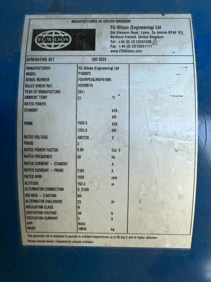 FG Wilson P1500P3 - 1.650 kVA Generator - DPX-12628 - Βιομηχανική γεννήτρια: φωτογραφία 5 FG Wilson P1500P3 - 1.650 kVA Generator - DPX-12628 - Βιομηχανική γεννήτρια: φωτογραφία 5