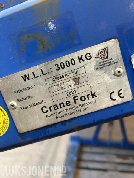 Pallegafler til håndtering av paller med kran / Kapasitet 3000 kg - Παρελκόμενα για Κατασκευή μηχανήματα: φωτογραφία 2 Pallegafler til håndtering av paller med kran / Kapasitet 3000 kg - Παρελκόμενα για Κατασκευή μηχανήματα: φωτογραφία 2