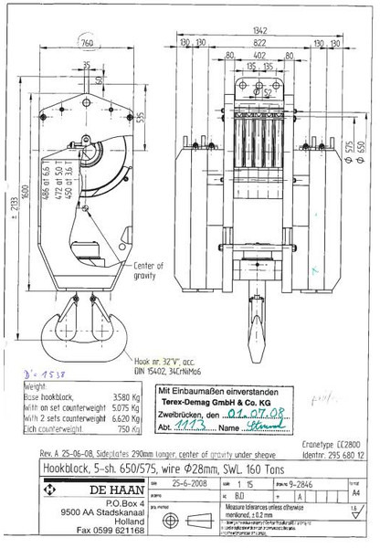 Terex Demag 160t hook block 5-sheave CC2800 / TC2800 - Γερανός παπαγάλος για Κατασκευή μηχανήματα: φωτογραφία 1 Terex Demag 160t hook block 5-sheave CC2800 / TC2800 - Γερανός παπαγάλος για Κατασκευή μηχανήματα: φωτογραφία 1