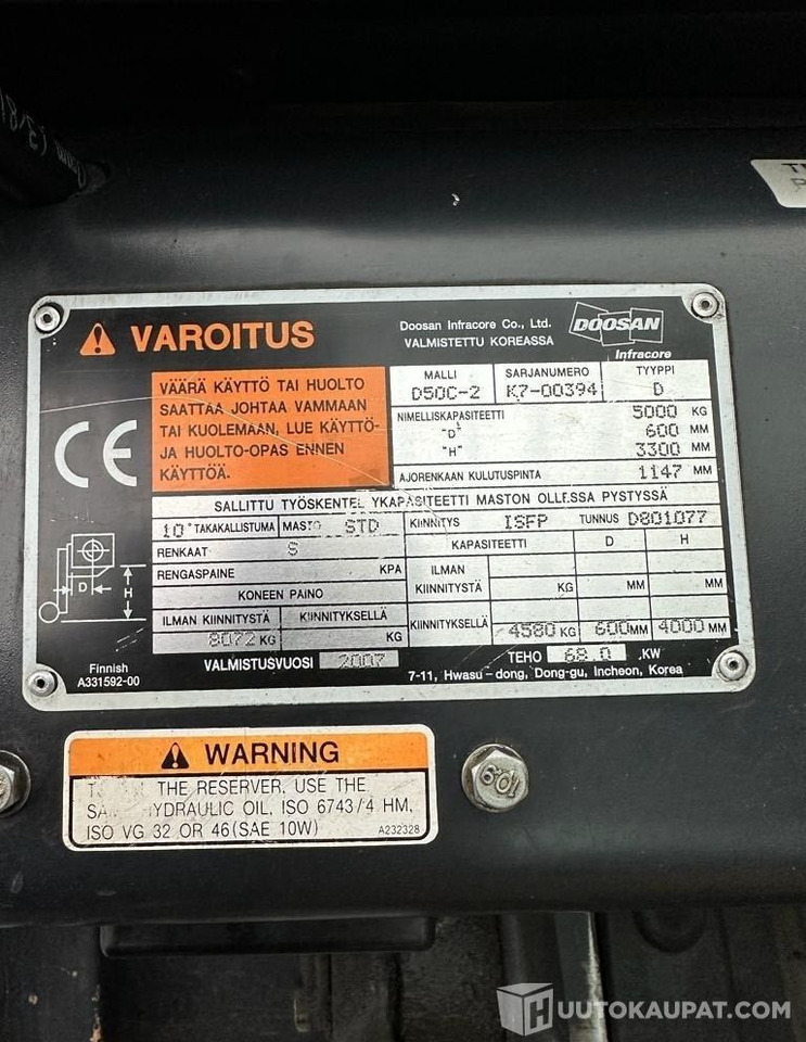 Doosan Daewoo D50-C2, 2007, 4 900 h dieseltrukki, Lempäälä - Πετρελαιοκίνητο περονοφόρο: φωτογραφία 4 Doosan Daewoo D50-C2, 2007, 4 900 h dieseltrukki, Lempäälä - Πετρελαιοκίνητο περονοφόρο: φωτογραφία 4