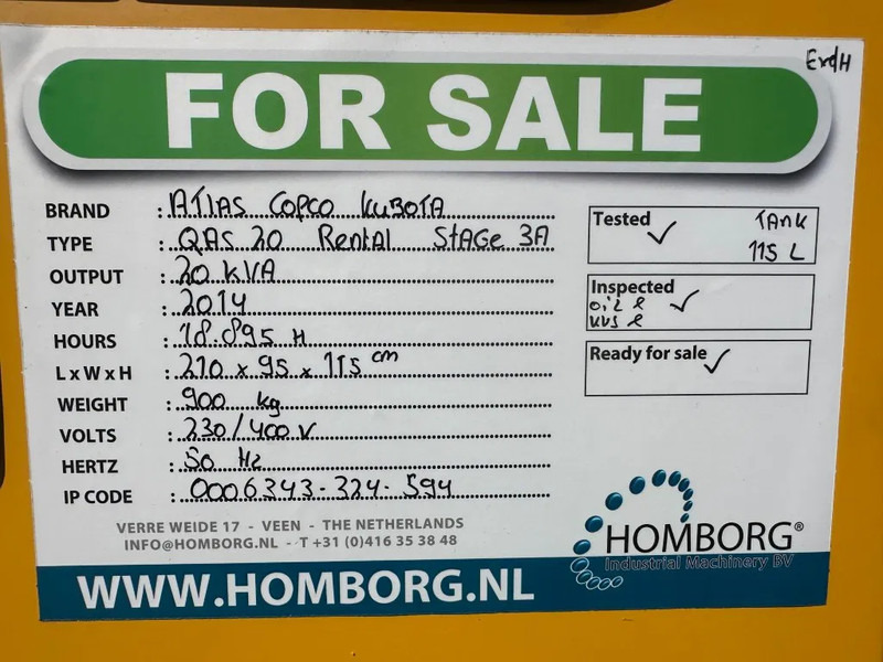Βιομηχανική γεννήτρια Atlas-Copco QAS 20 Kubota Leroy Somer 20 kVA Silent Rental generatorrset Stage 3A: φωτογραφία 18