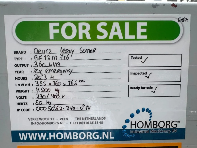 Βιομηχανική γεννήτρια Deutz BF12M 716 Leroy Somer 360 kVA generatorset ex emergency: φωτογραφία 16