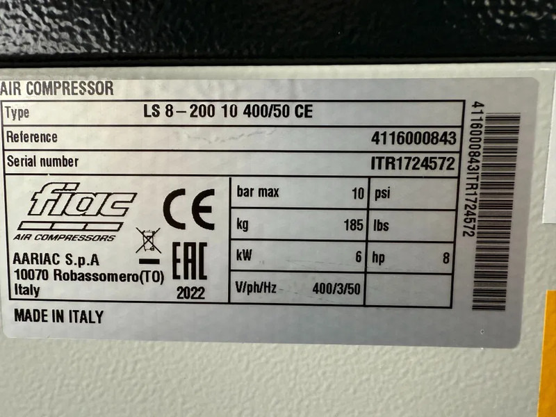 Fiac LS 8 - 200 Elektrische Schroefcompressor 6 kW 736 L / min 10 Bar New ! Overstock ! - Αεροσυμπιεστής: φωτογραφία 3 Fiac LS 8 - 200 Elektrische Schroefcompressor 6 kW 736 L / min 10 Bar New ! Overstock ! - Αεροσυμπιεστής: φωτογραφία 3