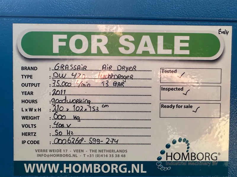 Αεροσυμπιεστής Grassair DW 420 Air Dryer 70 m3 / min 70000 L / min 13 Bar Luchtdroger: φωτογραφία 11 Αεροσυμπιεστής Grassair DW 420 Air Dryer 70 m3 / min 70000 L / min 13 Bar Luchtdroger: φωτογραφία 11